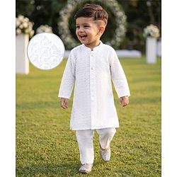 Babyhug 100% Cotton Cambric Woven Full Sleeves Hakkoba Kurta Pyjama Set - White