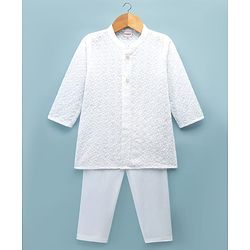 Babyhug 100% Cotton Cambric Woven Full Sleeves Hakkoba Kurta Pyjama Set - White