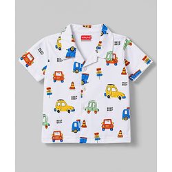 Babyhug Cotton Knit Half Sleeves Shirt & Pyjama Night Suit With Vehicle Print - White
