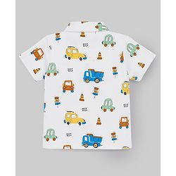 Babyhug Cotton Knit Half Sleeves Shirt & Pyjama Night Suit With Vehicle Print - White