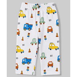 Babyhug Cotton Knit Half Sleeves Shirt & Pyjama Night Suit With Vehicle Print - White
