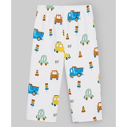 Babyhug Cotton Knit Half Sleeves Shirt & Pyjama Night Suit With Vehicle Print - White