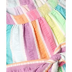 Babyhug Cotton Woven One Piece Dress Sleeveless Striped With Belt Multi Color 9-12 Months