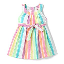 Babyhug Cotton Woven One Piece Dress Sleeveless Striped With Belt Multi Color 9-12 Months