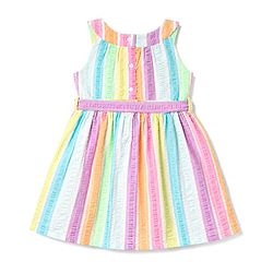 Babyhug Cotton Woven One Piece Dress Sleeveless Striped With Belt Multi Color 9-12 Months