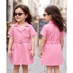 Babyhug Cotton Woven Half Sleeves One Piece Shirt Dress with Text Embroidery & Belt - Pink