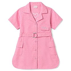 Babyhug Cotton Woven Half Sleeves One Piece Shirt Dress with Text Embroidery & Belt - Pink