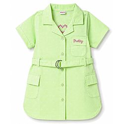 Babyhug Cotton Woven Half Sleeves One Piece Shirt Dress with Text Embroidery & Belt - Light Green
