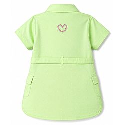 Babyhug Cotton Woven Half Sleeves One Piece Shirt Dress with Text Embroidery & Belt - Light Green