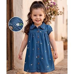 Babyhug Cotton Woven One Piece Dresses / Frocks with Peter Pan Collar and All Over Prints Navy Blue 5-6 Years
