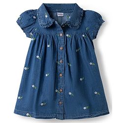 Babyhug Cotton Woven One Piece Dresses / Frocks with Peter Pan Collar and All Over Prints Navy Blue 5-6 Years