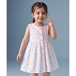 Babyhug 100% Cotton Woven One Piece Dress Sleeveless Round Neck with Front Buttons White 6-9 Months
