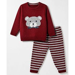Babyhug Knit Full Sleeves Stripped Sweater Set with Teddy Design - Maroon
