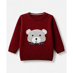 Babyhug Knit Full Sleeves Stripped Sweater Set with Teddy Design - Maroon