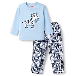 Babyhug 100% Cotton Knit Full Sleeves T-Shirt & Pyjama Night Suit with Zebra Print - Blue