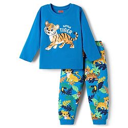 Babyhug Cotton Knit Full Sleeves Tiger Printed T-Shirt & Pyjama Night Suit - Blue