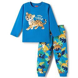 Babyhug Cotton Knit Full Sleeves Tiger Printed T-Shirt & Pyjama Night Suit - Blue