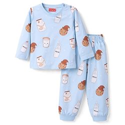 Babyhug Cotton Knit Full Sleeves T-Shirt & Pyjama Co-ord Night Suit with Milk & Cookies Print - Blue