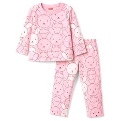 Babyhug Cotton Knit Half Sleeves Bunny Printed Co-Ords T-Shirt & Pyjama Night Suit - Pink