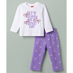 Babyhug 100% Cotton Knit Full Sleeves Bow Text Printed T-Shirt & Pyjama Night Suit - White