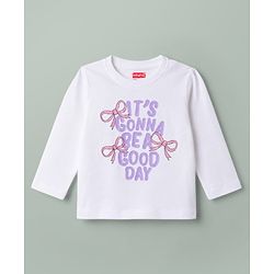 Babyhug 100% Cotton Knit Full Sleeves Bow Text Printed T-Shirt & Pyjama Night Suit - White