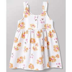 Babyhug 100% Cotton Single Jersey Knit Sleeveless Floral Printed Frock With Bow Applique - White