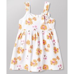 Babyhug 100% Cotton Single Jersey Knit Sleeveless Floral Printed Frock With Bow Applique - White