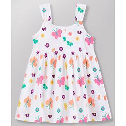 Babyhug 100% Cotton Knit Sleeveless Floral & Butterfly Printed Frock With Bow Applique - White