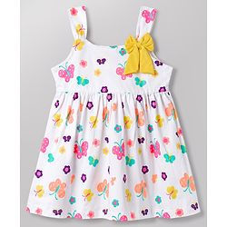 Babyhug 100% Cotton Knit Sleeveless Floral & Butterfly Printed Frock With Bow Applique - White