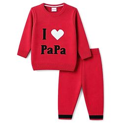 Babyhug Knit Full Sleeves Text Printed  Sweater Set - Red