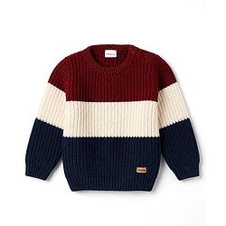 Babyhug Knit Full Sleeves Colour Block Pullover - Maroon Navy & White