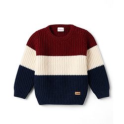 Babyhug Knit Full Sleeves Colour Block Pullover - Maroon Navy & White