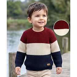 Babyhug Knit Full Sleeves Colour Block Pullover - Maroon Navy & White