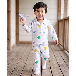 Babyhug 100% Cotton Knit Full Sleeves Co-Ords Shirt & Pajama Night Suit Star Print - White