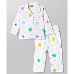 Babyhug 100% Cotton Knit Full Sleeves Co-Ords Shirt & Pajama Night Suit Star Print - White