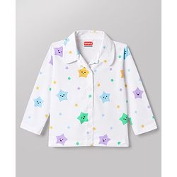 Babyhug 100% Cotton Knit Full Sleeves Co-Ords Shirt & Pajama Night Suit Star Print - White