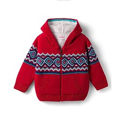 Babyhug Knit Full Sleeves Front Open Hooded Sweater with Argyle Design -Red