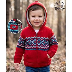 Babyhug Knit Full Sleeves Front Open Hooded Sweater with Argyle Design -Red