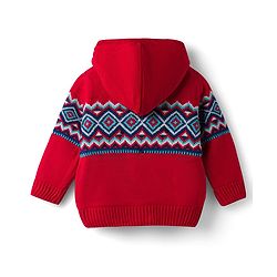 Babyhug Knit Full Sleeves Front Open Hooded Sweater with Argyle Design -Red