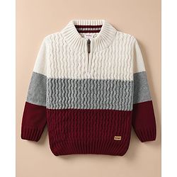 Babyhug Knit Full Sleeves Solid Colour Block High Neck Pullover- White