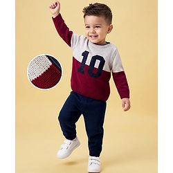 Babyhug Knit Full Sleeves Number Embroidered Sweater Set - Grey & Navy Blue