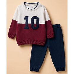 Babyhug Knit Full Sleeves Number Embroidered Sweater Set - Grey & Navy Blue
