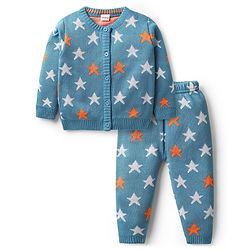 Babyhug Knit Full Sleeves Front Open Sweater Set with Star Design - Blue