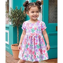 Babyhug 100% Cotton Knit Half Sleeves Floral Printed Frock With Bow Applique - White