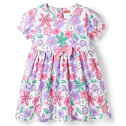 Babyhug 100% Cotton Knit Half Sleeves Floral Printed Frock With Bow Applique - White