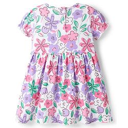 Babyhug 100% Cotton Knit Half Sleeves Floral Printed Frock With Bow Applique - White