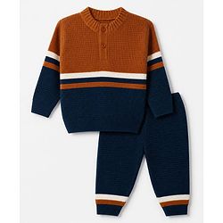 Babyhug Knit Full Sleeves Sweater Set with Color Block Design - Navy Blue