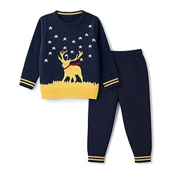 Babyhug Knit Full Sleeves Sweater Set With Stars & Reindeer Design - Navy Blue
