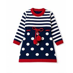 Babyhug  Knit Full Sleeves Stripe Woollen Dress With Polka Dot Design - Navy Blue