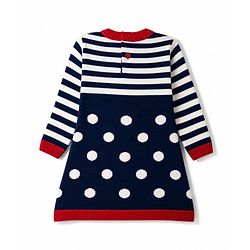 Babyhug  Knit Full Sleeves Stripe Woollen Dress With Polka Dot Design - Navy Blue
